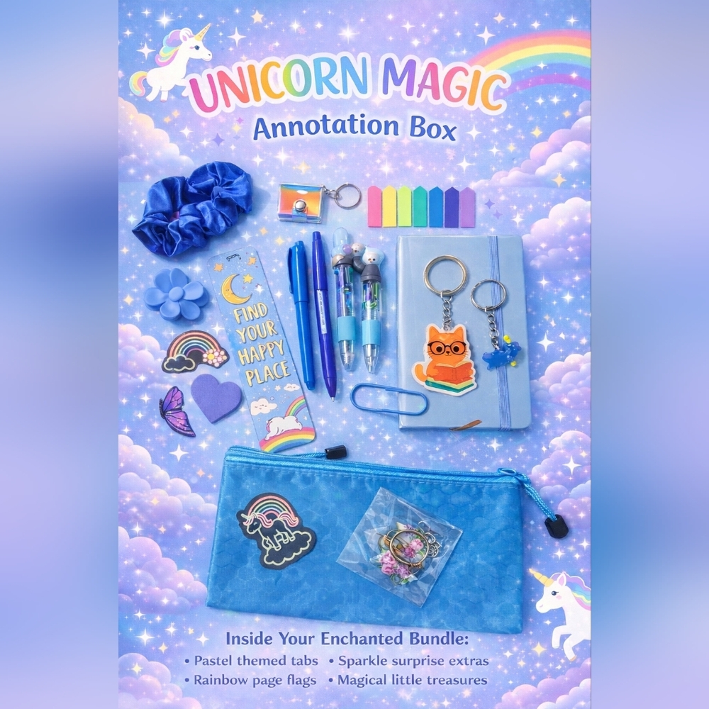 Cozy Book Lover Stationery/Annotation Set with Keychains-Blue Theme